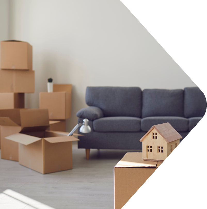 Image showing a couch surrounded by boxes and a model house