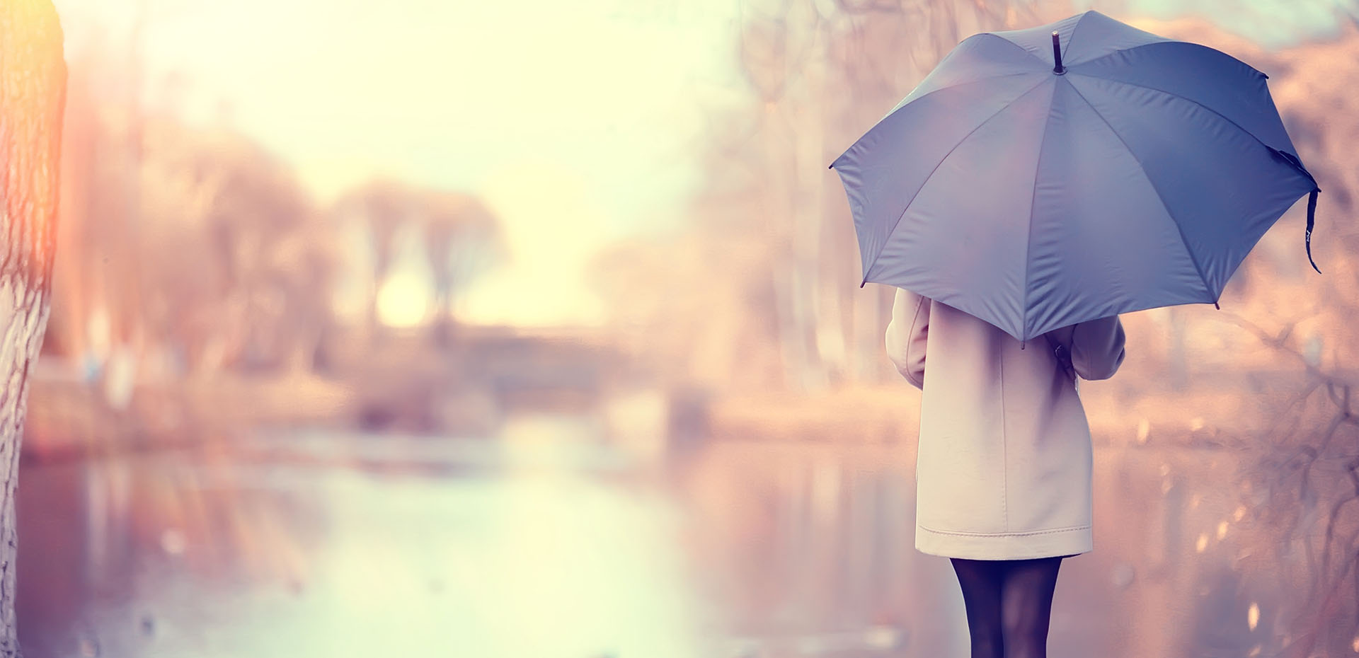 Image showing a woman beside a pond holding an umbrella
